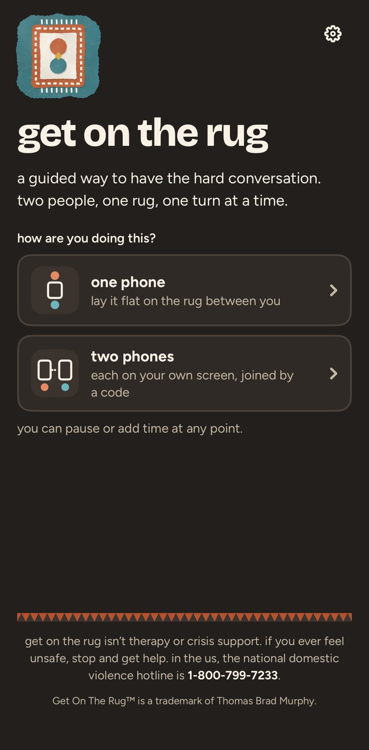 The Get on the Rug start screen, asking how you are doing this: one phone or two phones
